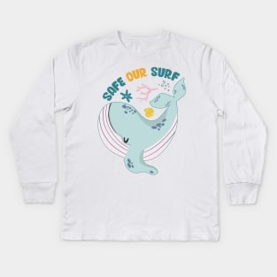 Safe our Surf quote with cute sea animal whale, starfish, coral and shell Kids Long Sleeve T-Shirt